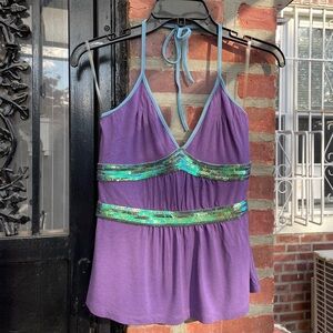 Squeeze Purple Halter Top with Green Sequin Accents